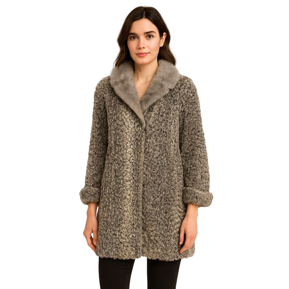 1950s Genuine Persian Lamb Coat Mink Collar LKD Monogram Large - XL